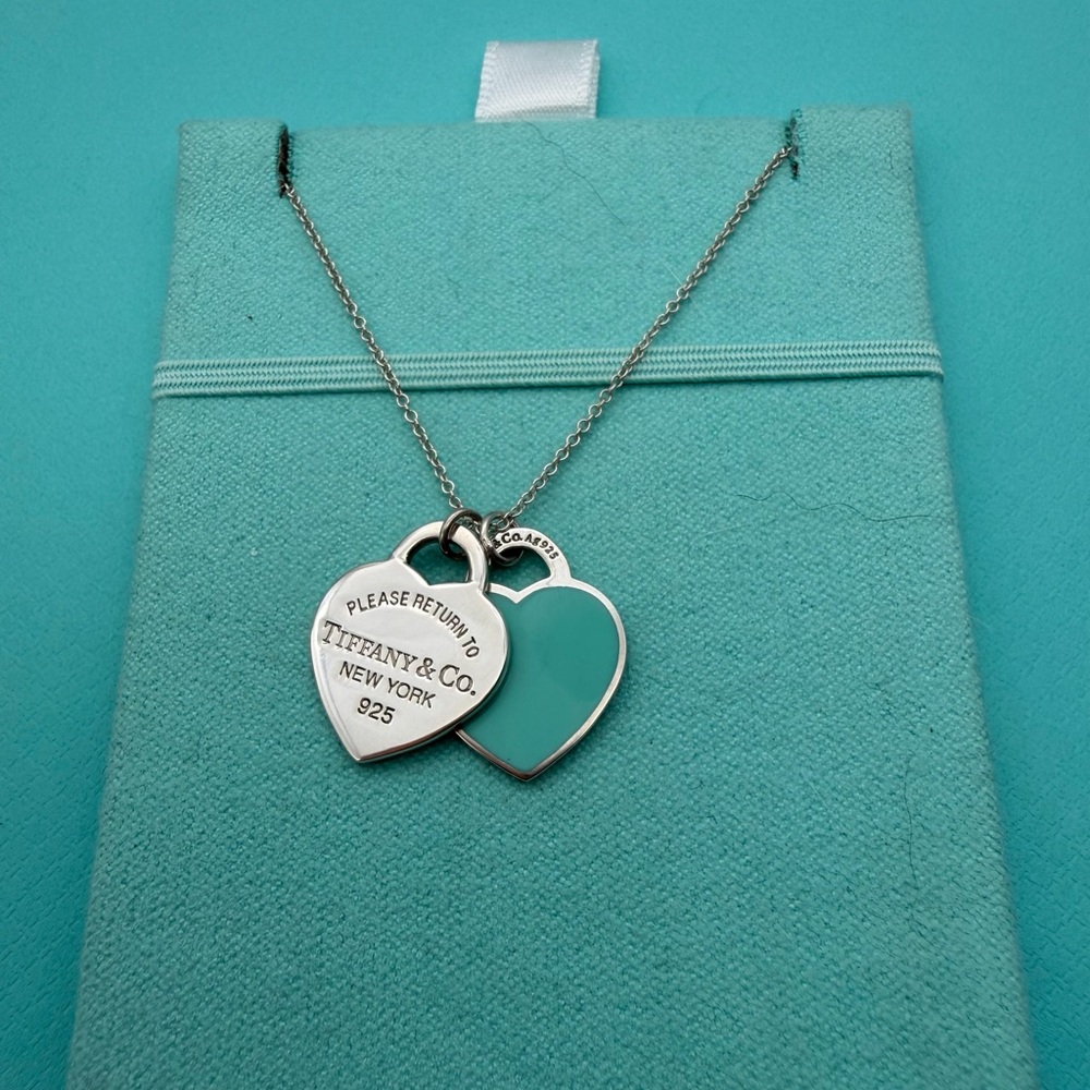 Tiffany & Co. 16-18” Adjustable Blue Enamel Double Rtt Small Hearts Necklace - Picture 2 of 9